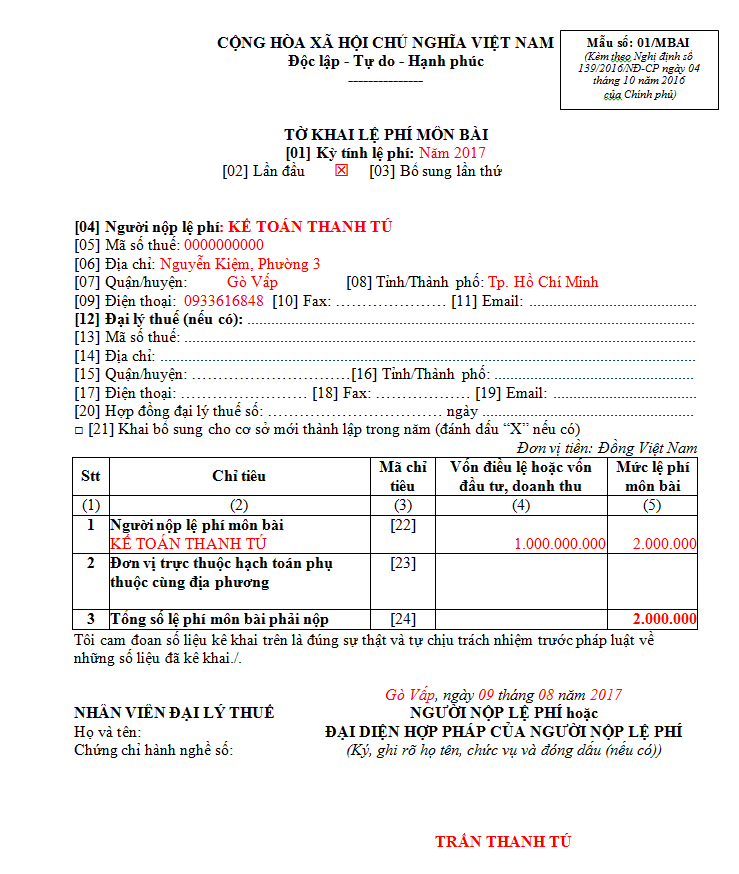 Tờ khai lệ phí môn bài