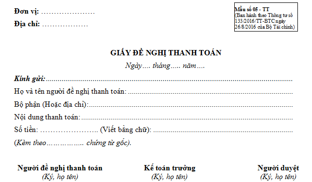 giấy đề nghị thanh toán