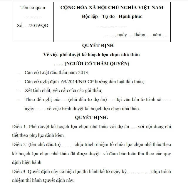Mẫu quyết định phê duyệt kết quả lựa chọn nhà thầu